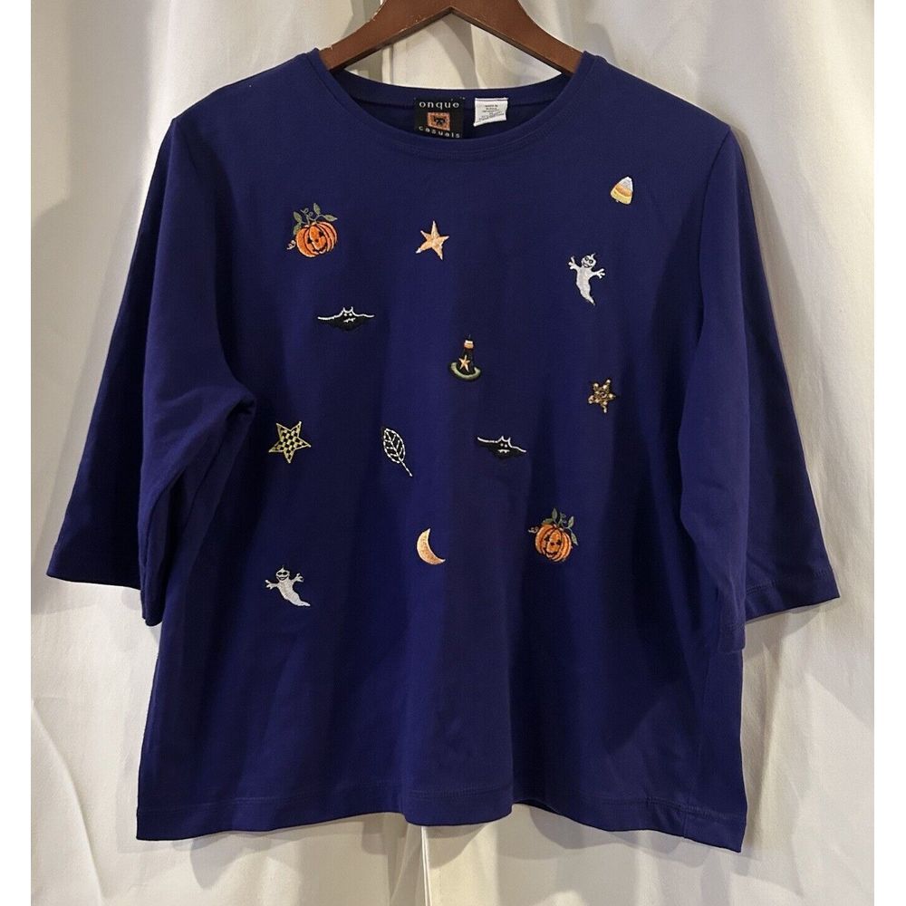 Onque Woman Blouse Medium Scoop Neck 3/4 Sleeve Pullover Halloween Top Purple
